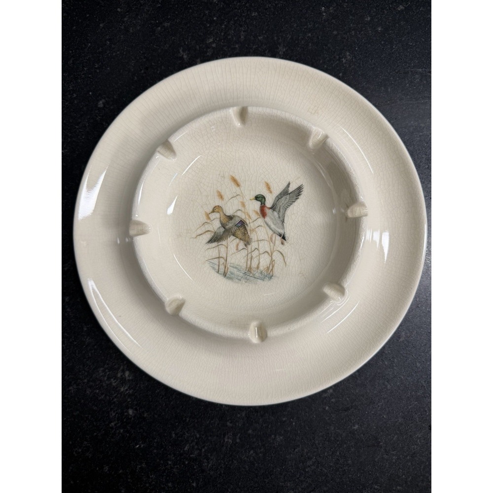 Vintage Hyalyn Porcelain Mallard Duck Ashtray 8" USA Cork Base